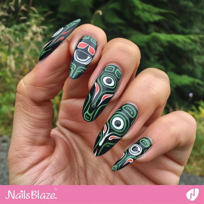 Haida Gwaii Green and Black Nails | Tribal Nails - NB4600